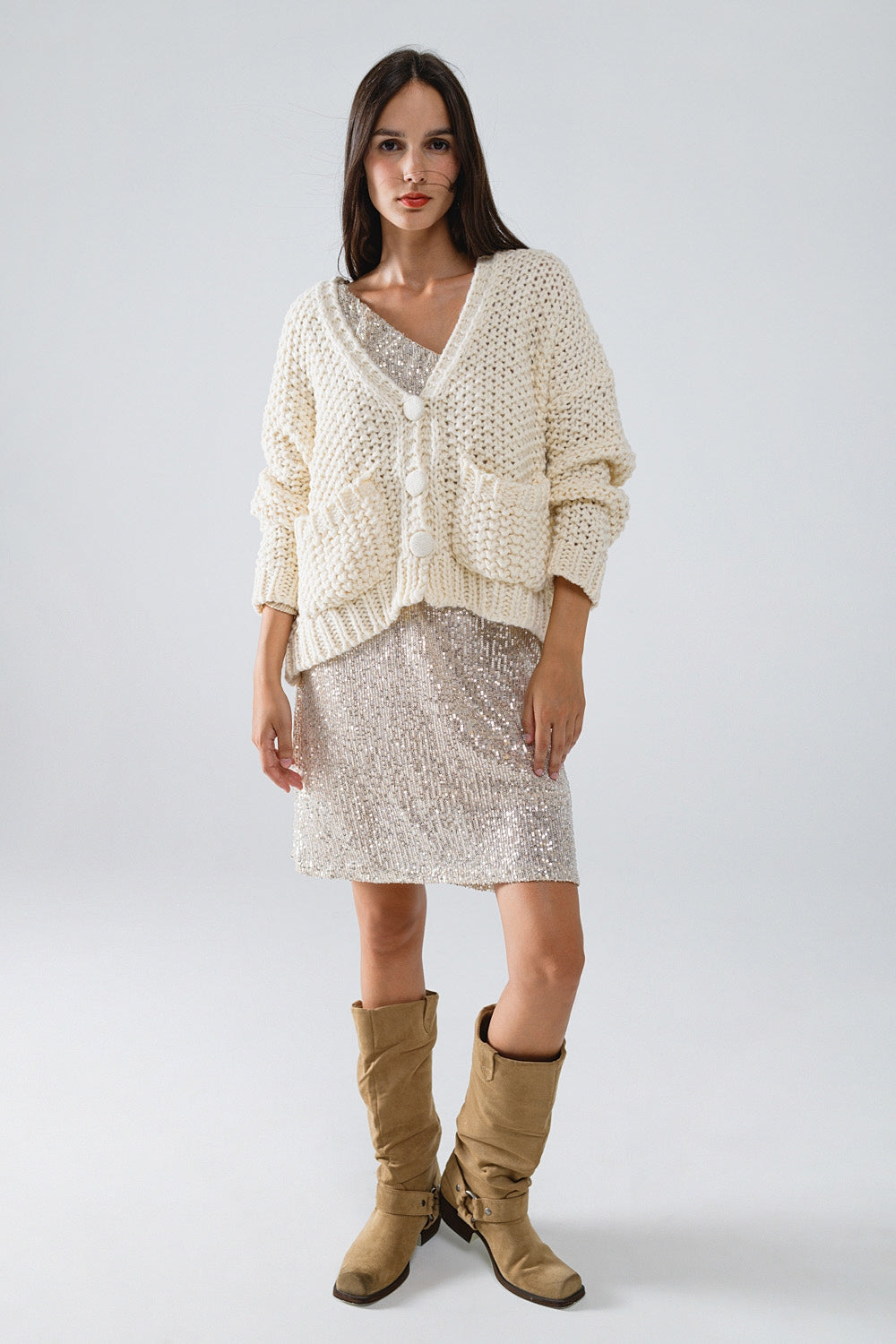 Oversized beige chunky knit jacket with pockets - Jumpers