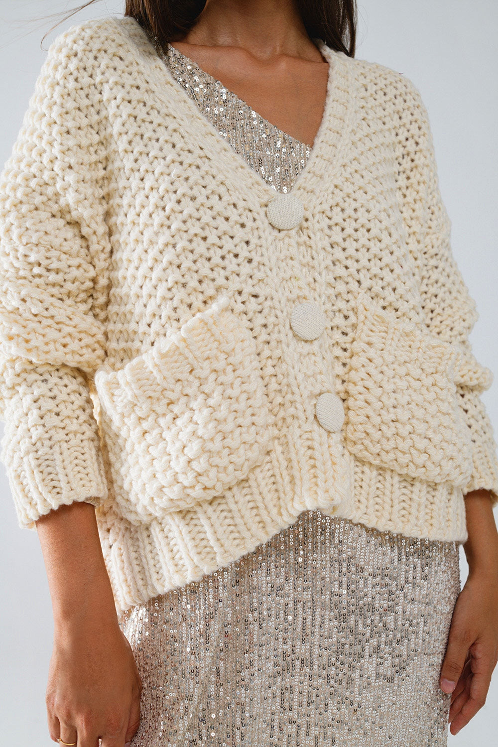 Oversized beige chunky knit jacket with pockets - Jumpers