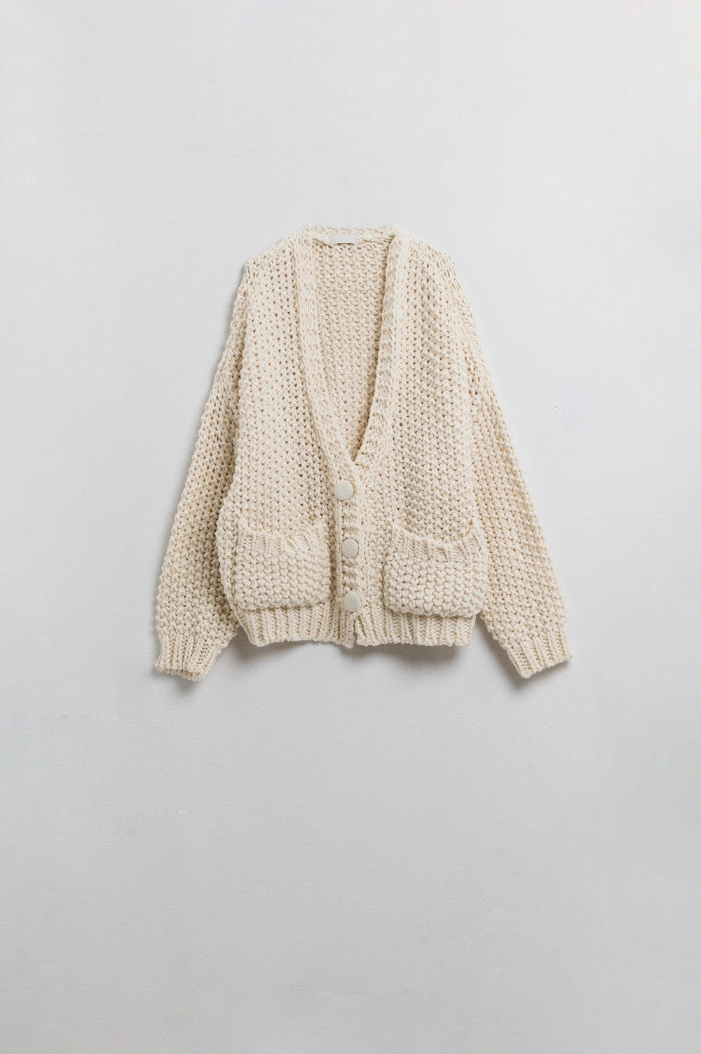 Oversized beige chunky knit jacket with pockets - Jumpers
