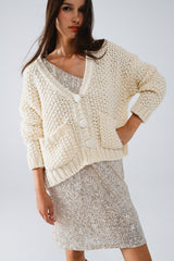 Veste oversize en grosse maille beige avec poches