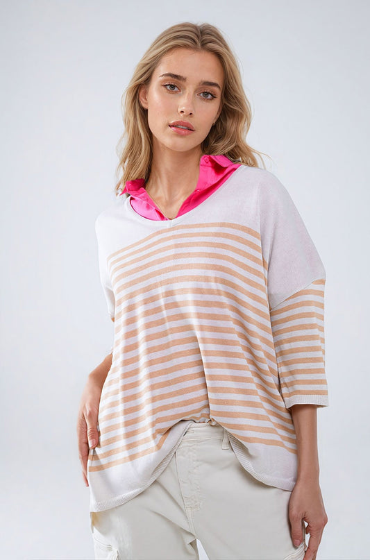 Oversized beige sweater with brown stripes and V-neck - Jumpers