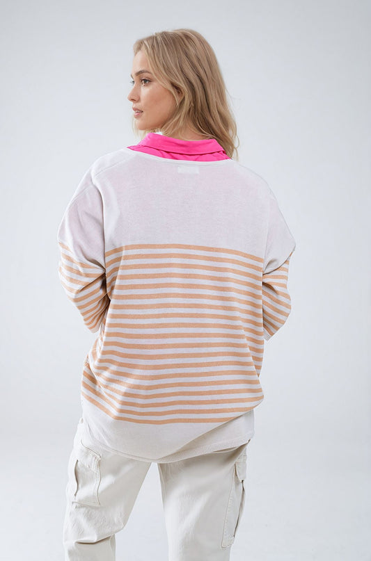 Oversized beige sweater with brown stripes and V-neck - Jumpers