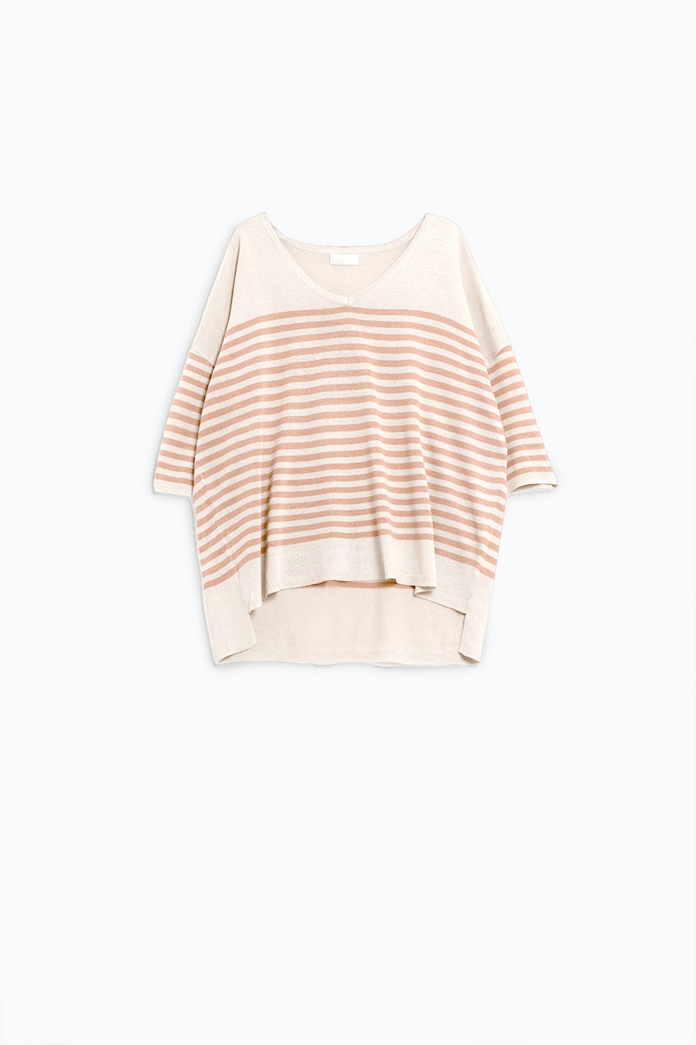 Oversized beige sweater with brown stripes and V-neck - Jumpers