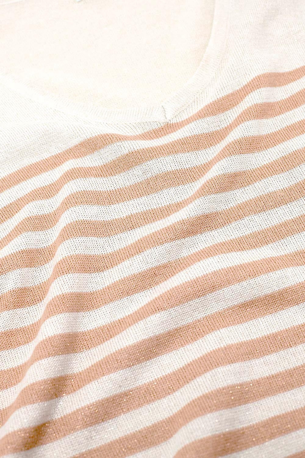 Oversized beige sweater with brown stripes and V-neck - Jumpers