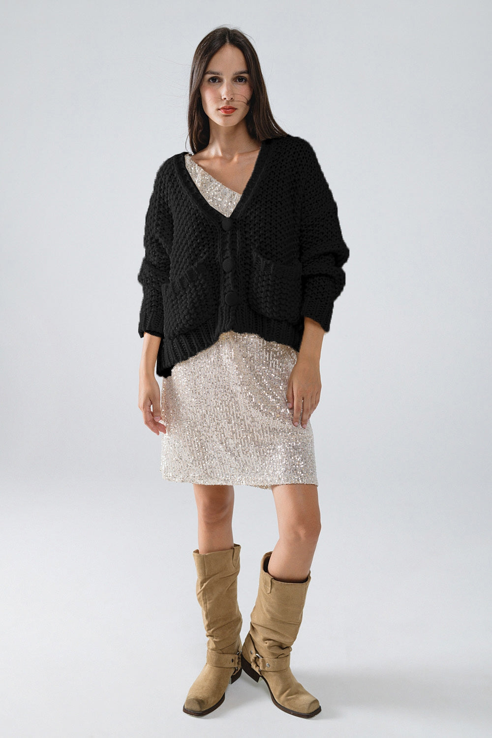Oversized black chunky knit jacket with pockets - Cardigans