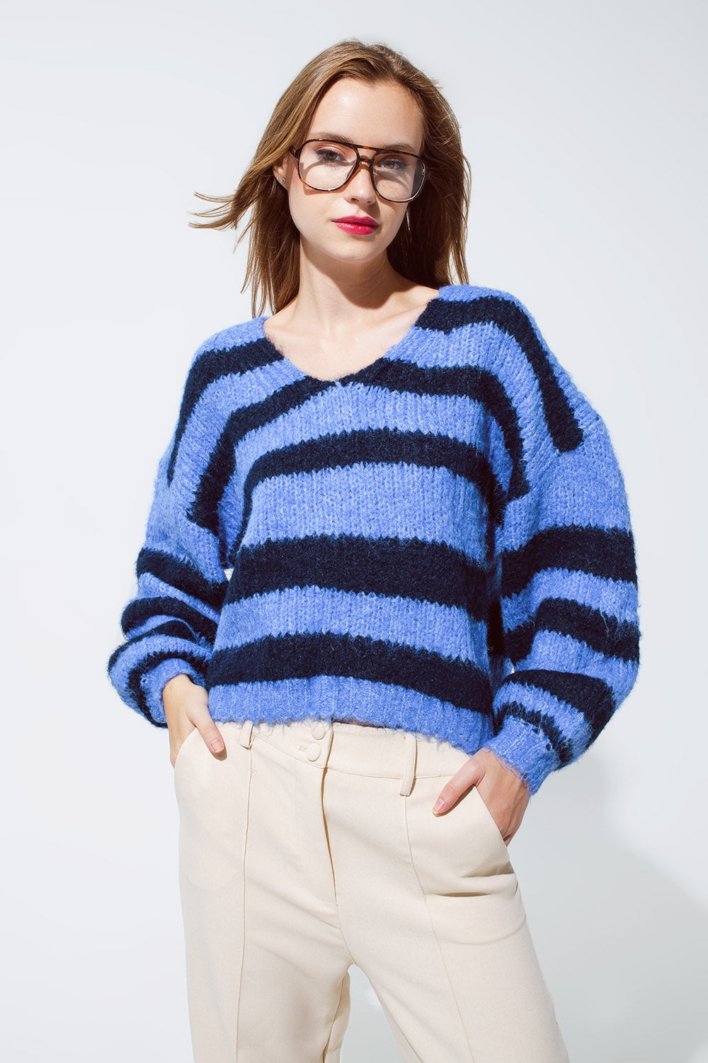 Oversized Blue Stripy Fluffy Sweater With Balloon Sleeves - Jumpers