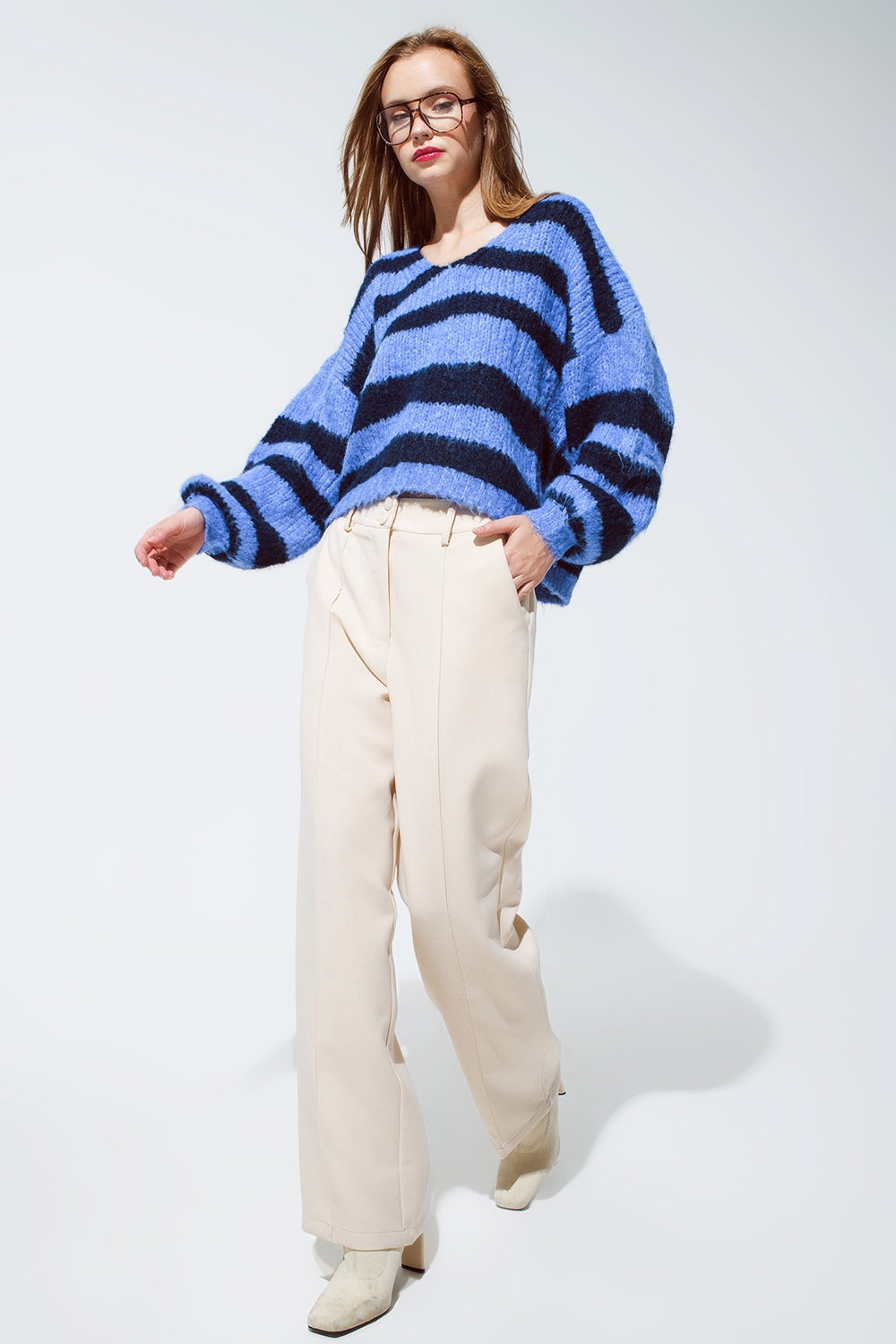Oversized Blue Stripy Fluffy Sweater With Balloon Sleeves - Jumpers