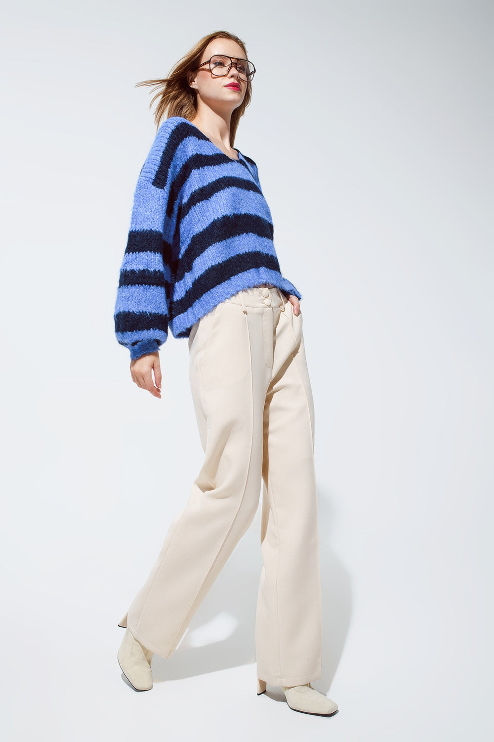 Oversized Blue Stripy Fluffy Sweater With Balloon Sleeves - Jumpers