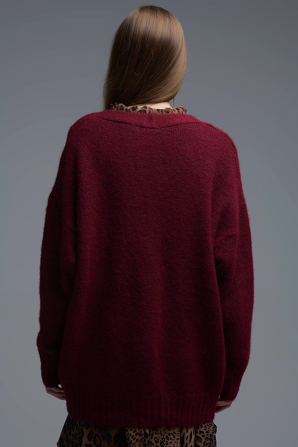 Oversized Cardigan in burgundy with gold buttons and pockets - Sweaters