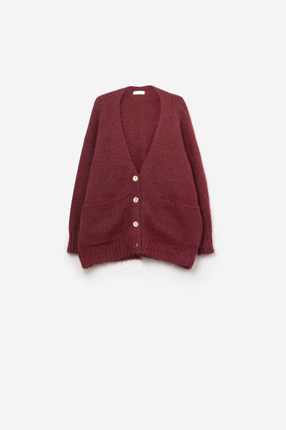 Oversized Cardigan in burgundy with gold buttons and pockets - Sweaters