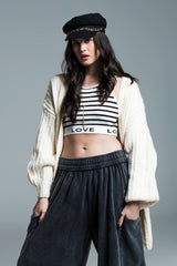 Cardigan oversized em canelado grosso com mangas compridas em creme