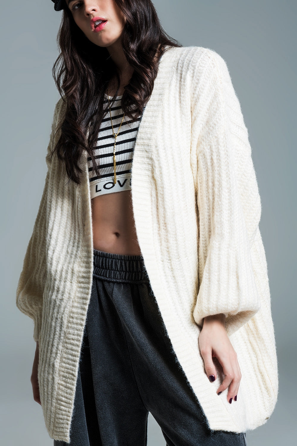 Oversized cardigan in chunky rib with long Sleeves in Cream - Cardigans