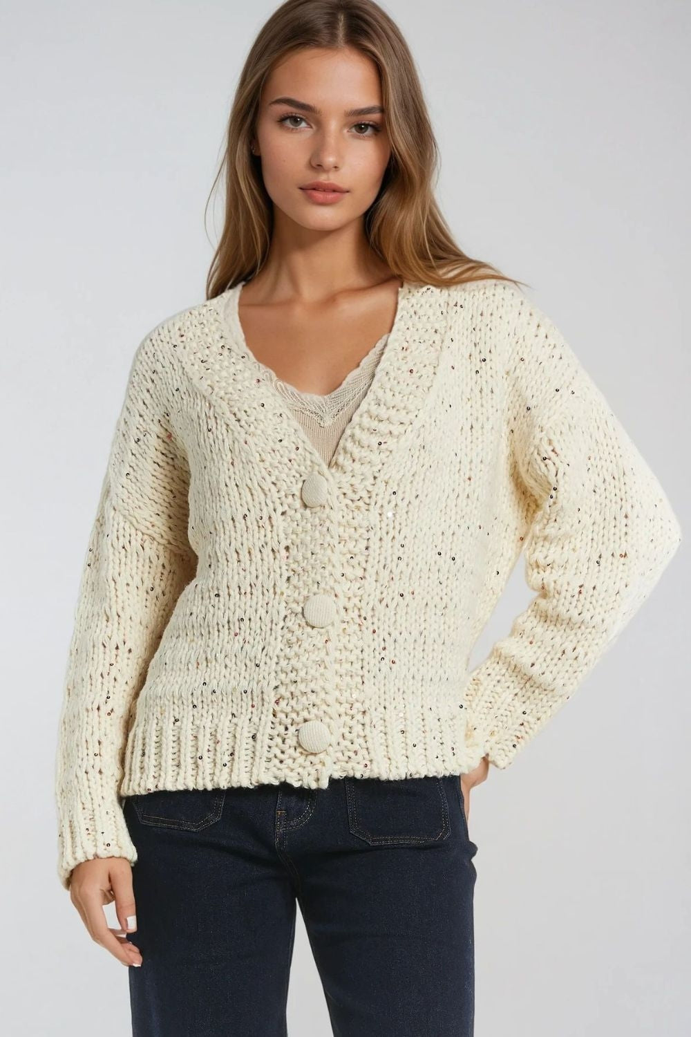 Oversized chunky knit cardigan in cream with sequin detail - Cardigans