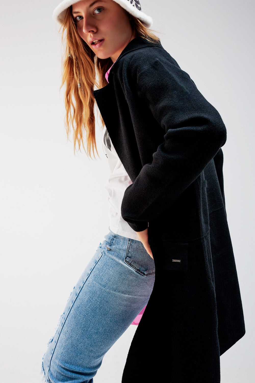 Oversized collar maxi cardigan in black - Cardigans