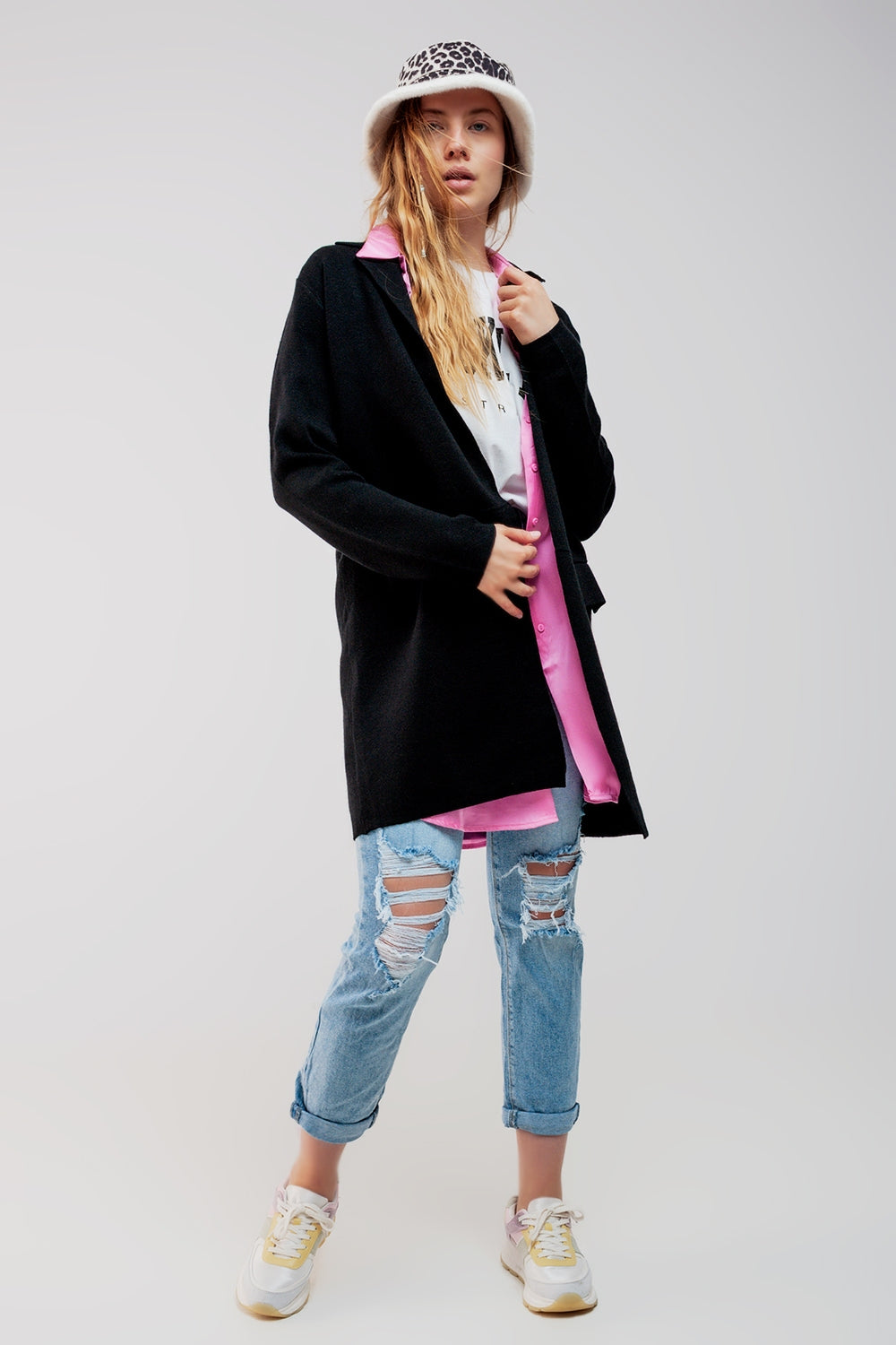 Oversized collar maxi cardigan in black - Cardigans