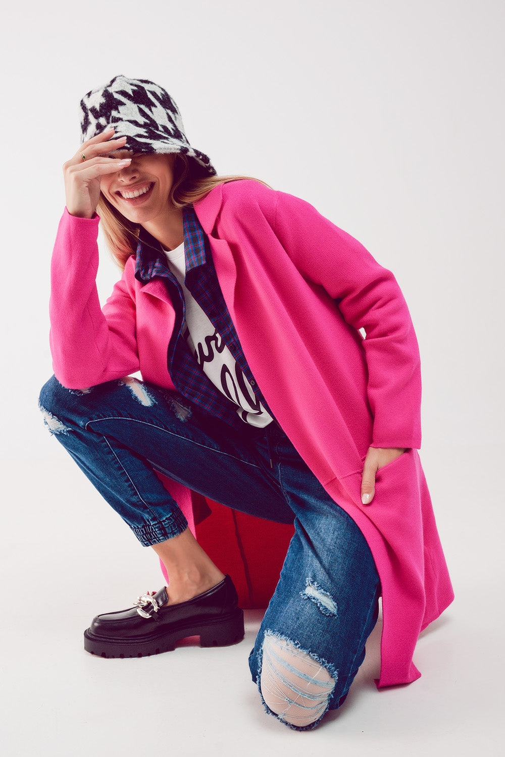 Oversized collar maxi cardigan in fuchsia - Sweaters