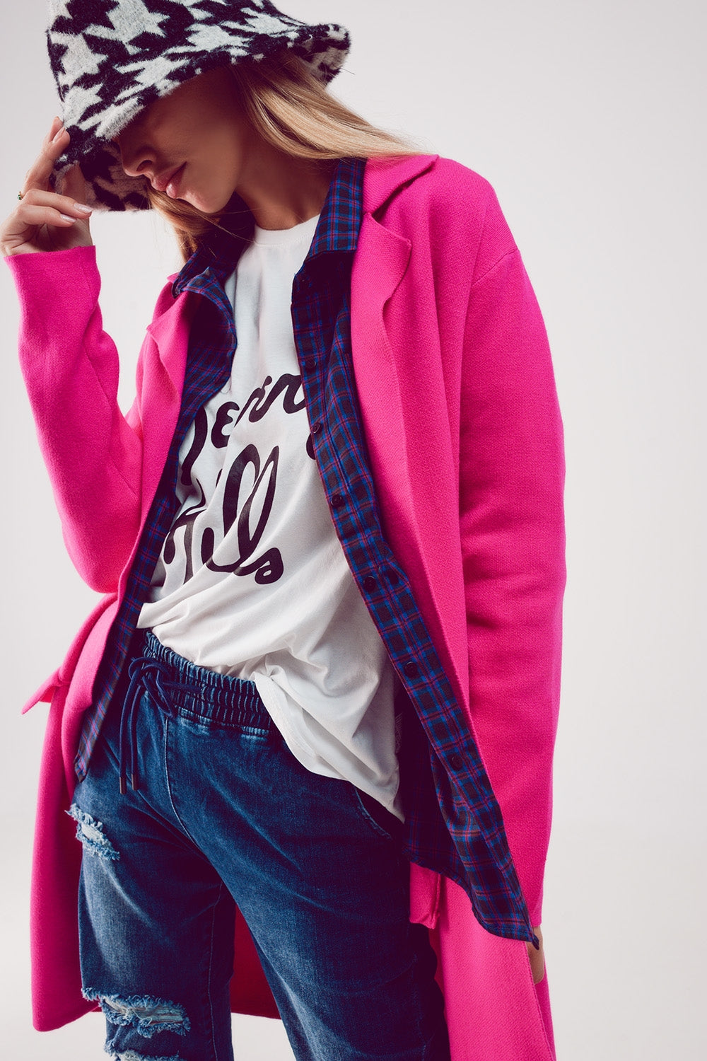 Oversized collar maxi cardigan in fuchsia - Sweaters