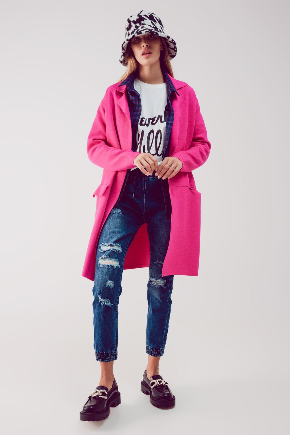 Oversized collar maxi cardigan in fuchsia - Sweaters