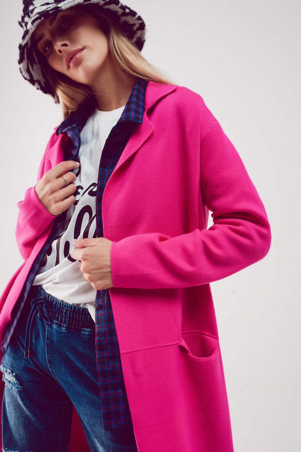 Oversized collar maxi cardigan in fuchsia - Sweaters