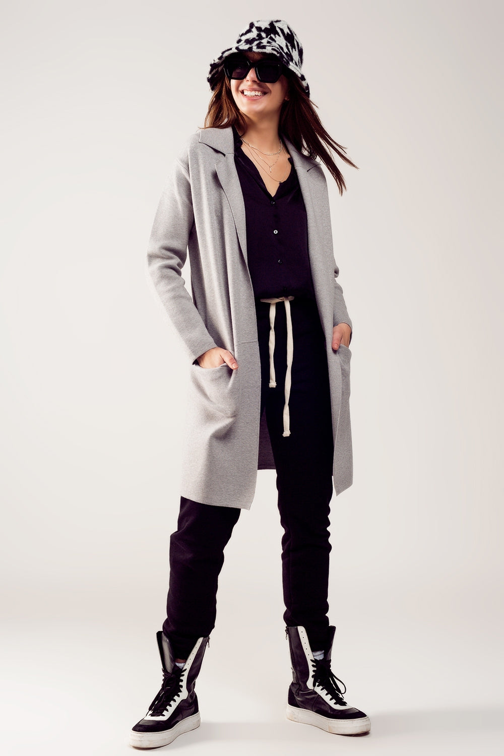 Oversized collar maxi cardigan in grey - Cardigans