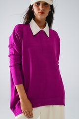 Oversized Crew Neck Long Sleeve Sweater in Fuchsia
