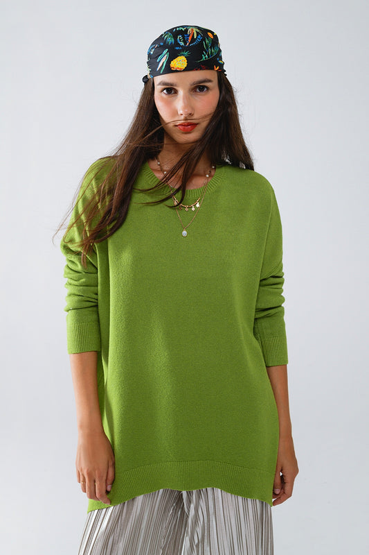 Oversized Crew Neck Long Sleeve Sweater in Olive Green - Jumpers