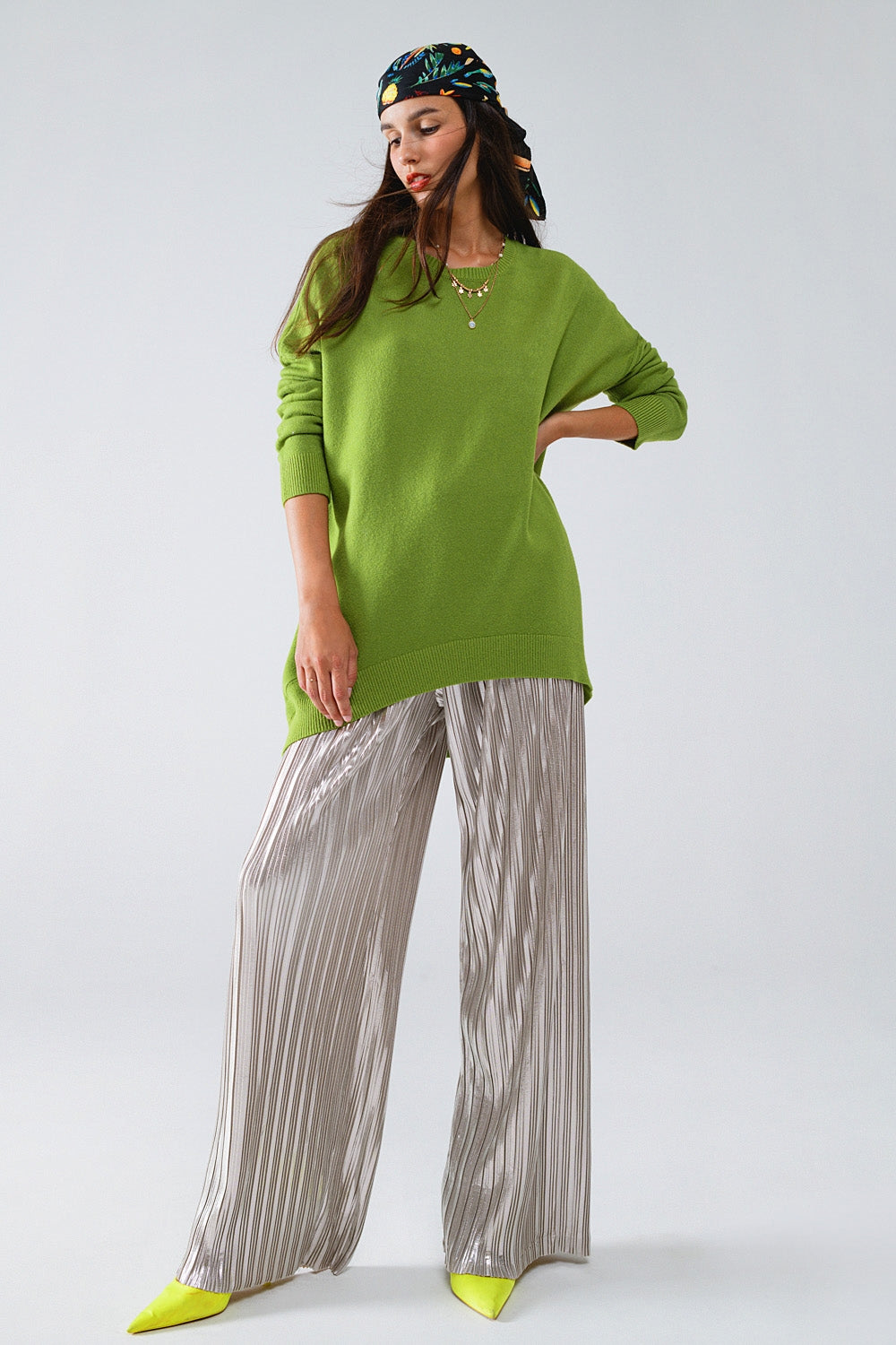 Oversized Crew Neck Long Sleeve Sweater in Olive Green - Jumpers