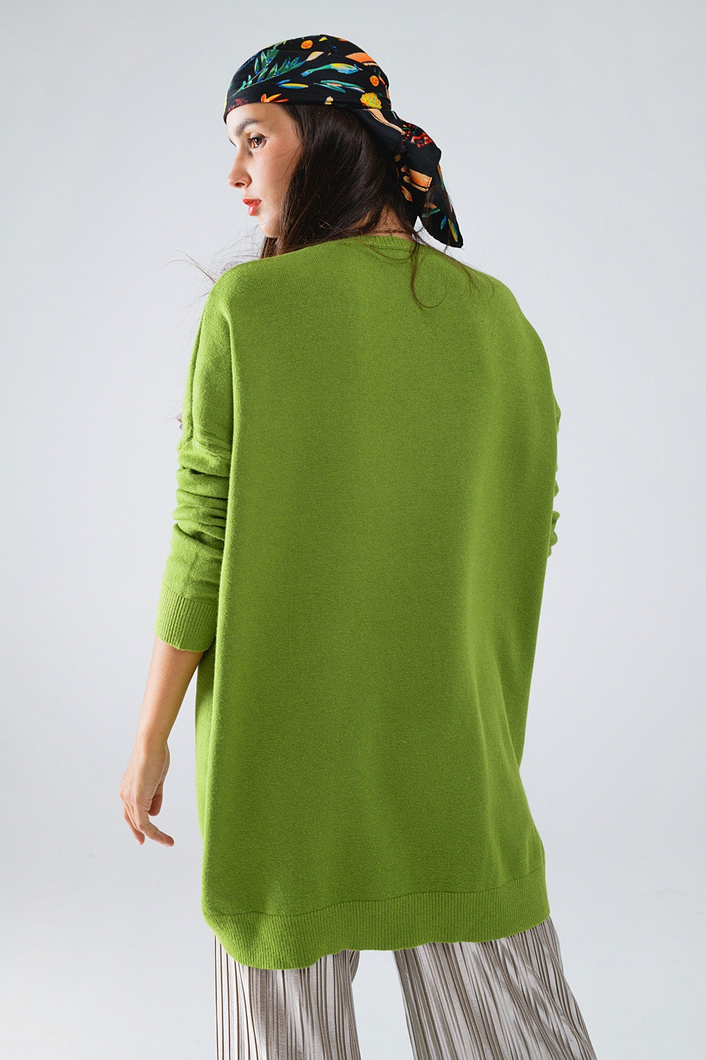 Oversized Crew Neck Long Sleeve Sweater in Olive Green - Jumpers