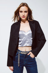 Oversized Cropped Blazer Vichy Design And Metallic Details In Black