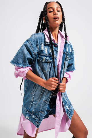 Oversized distressed short sleeves denim jacket