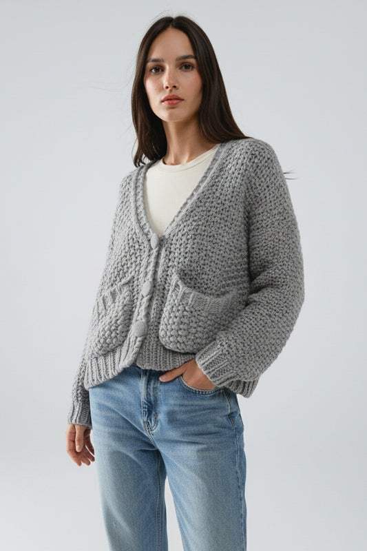 Oversized gray chunky knit jacket with pockets - Coats and Jackets