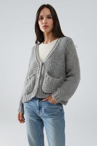 Oversized gray chunky knit jacket with pockets