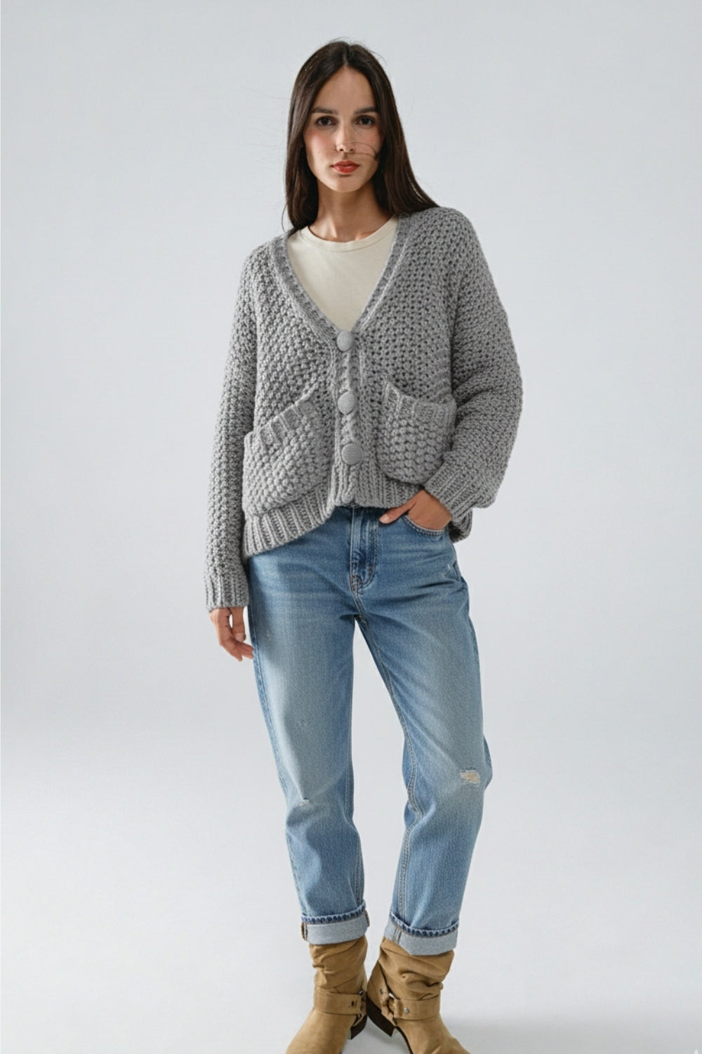 Oversized gray chunky knit jacket with pockets - Coats and Jackets