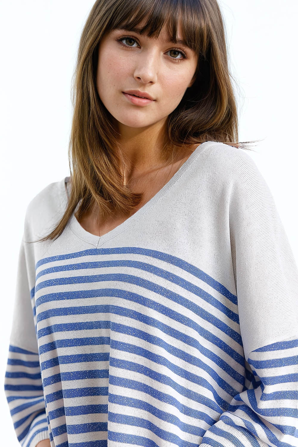 Oversized Grey sweater with blue stripes and V-neck - Jumpers