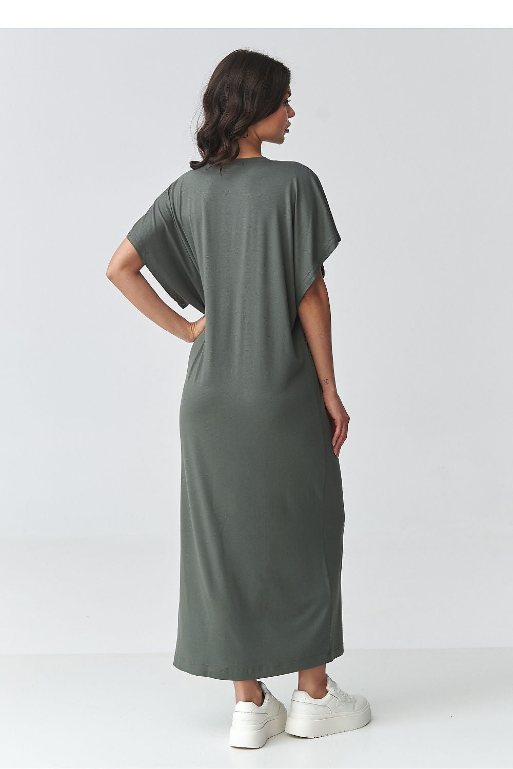 Makadamia oversized maxi dress in olive green with a relaxed silhouette and short sleeves