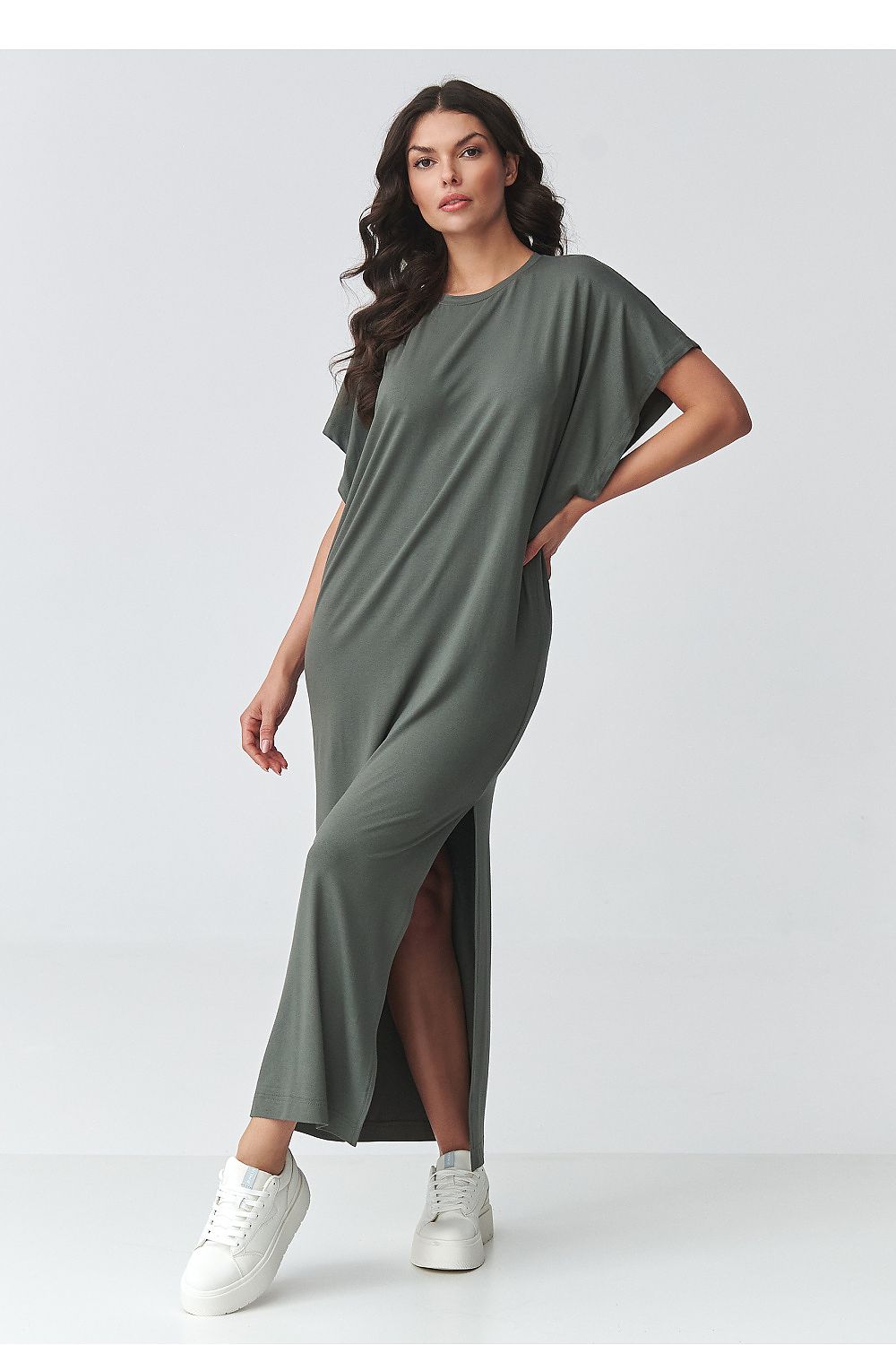 Makadamia oversized maxi dress in olive green with side slits for a stylish look