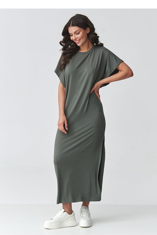 Makadamia oversized maxi dress in olive green with short sleeves and side slits for a relaxed fit