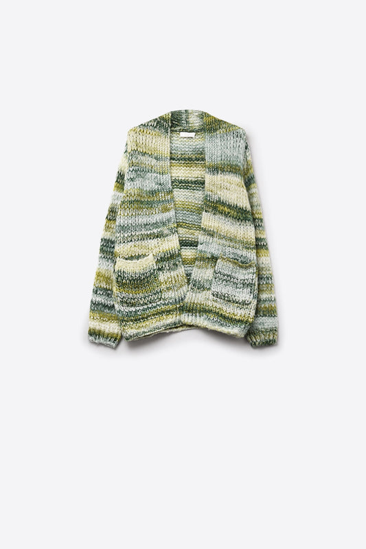 Oversized mottled striped long cardigan with pockets in Green -