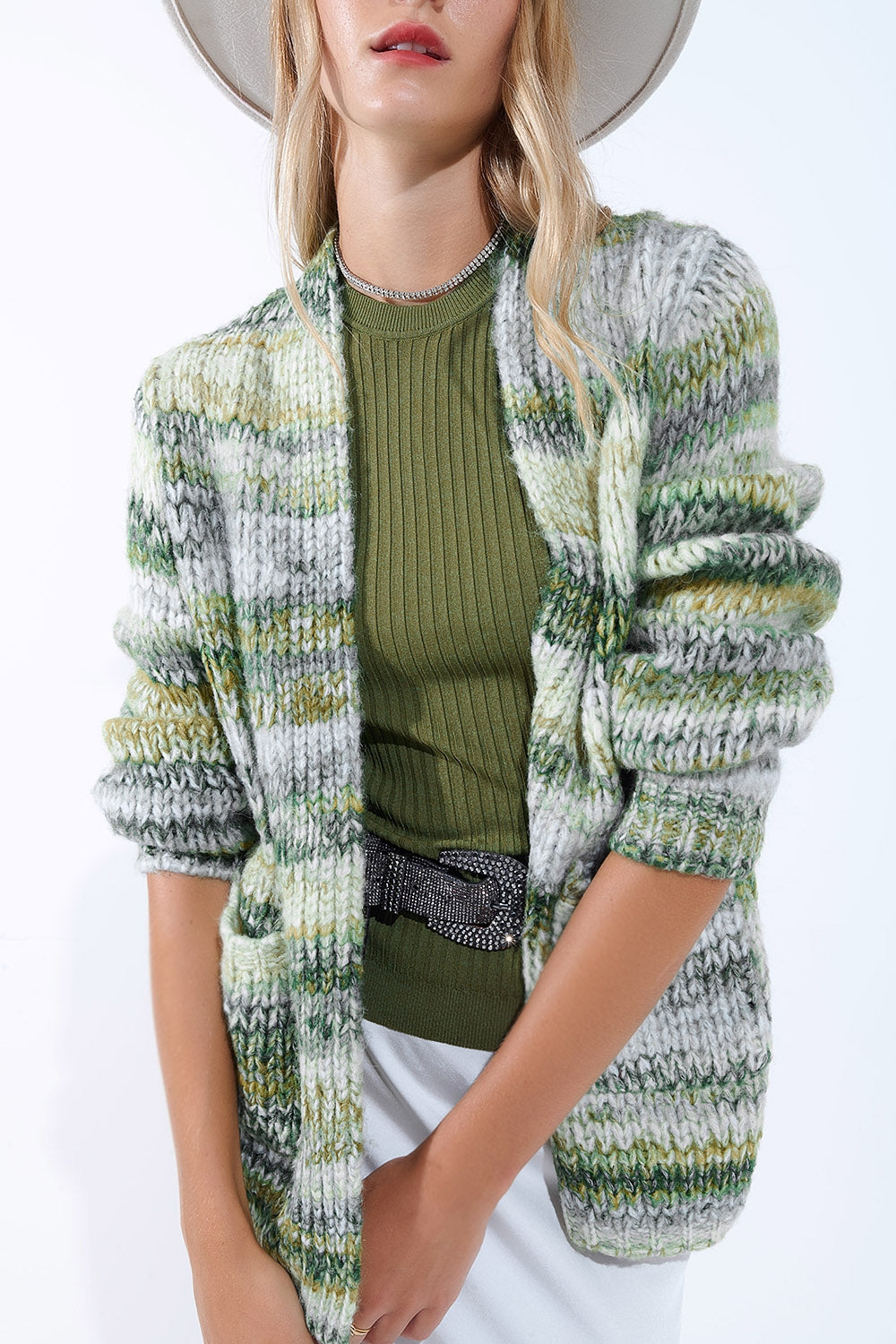 Oversized mottled striped long cardigan with pockets in Green -