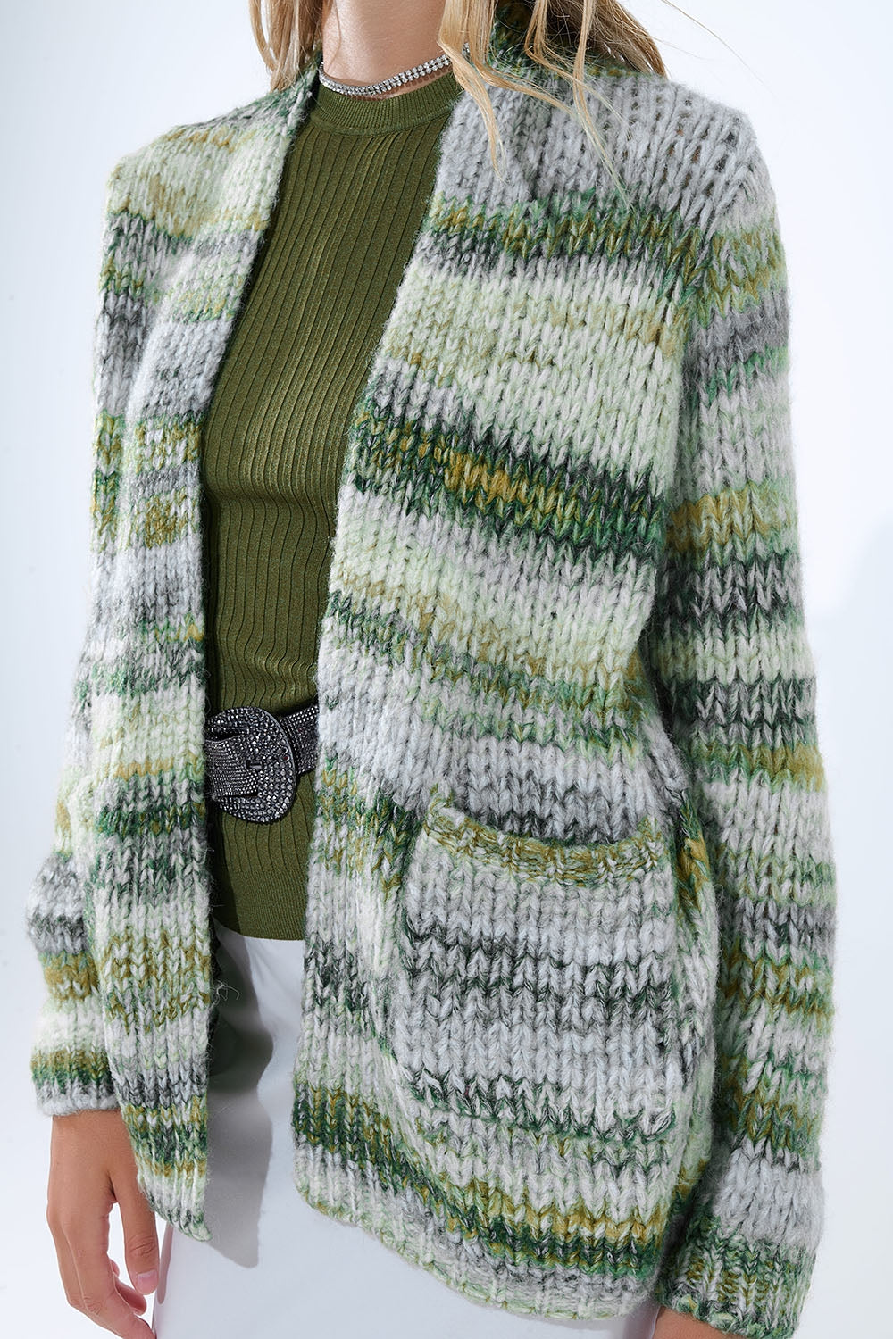 Oversized mottled striped long cardigan with pockets in Green -