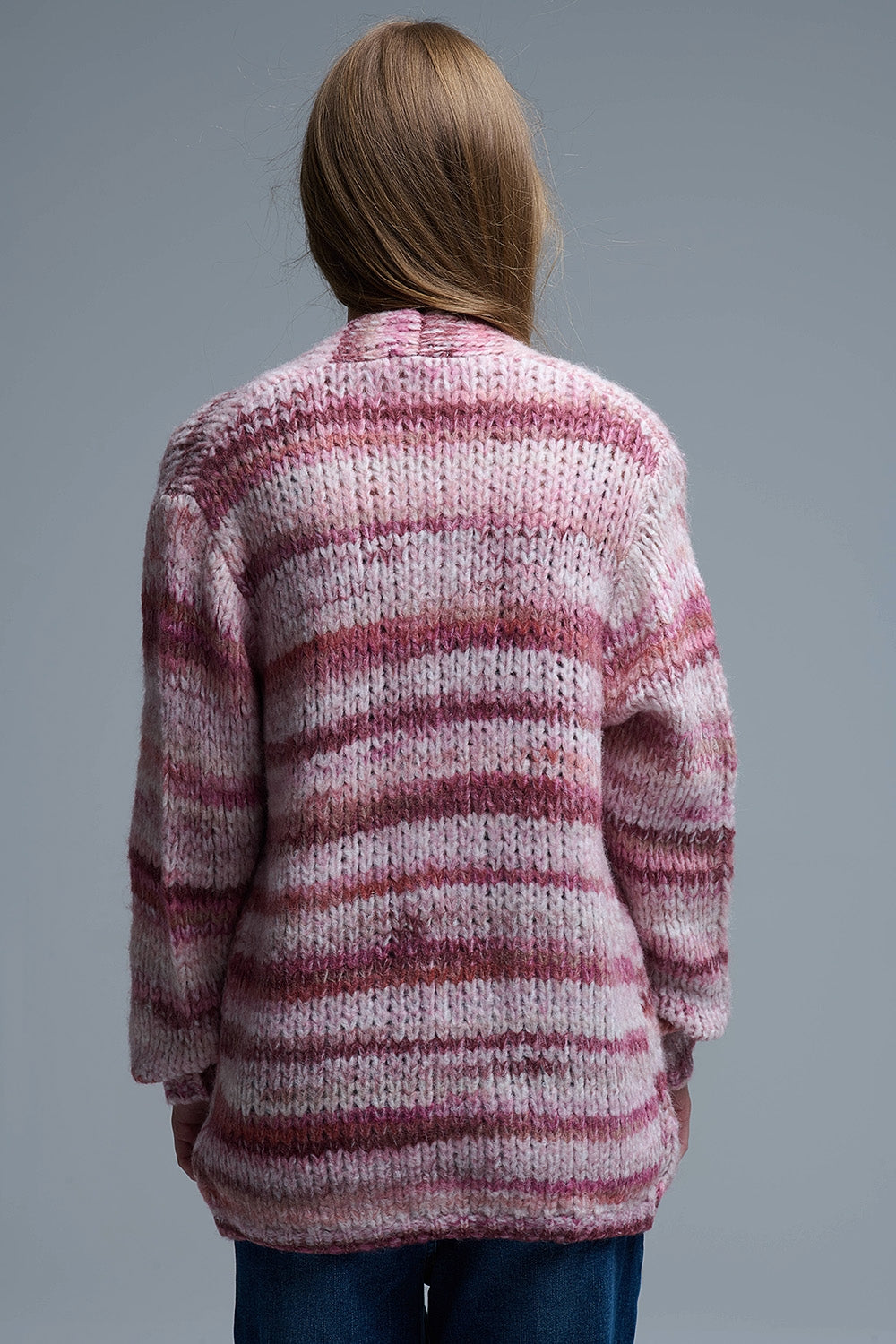 Oversized mottled striped long cardigan with pockets in Pink -