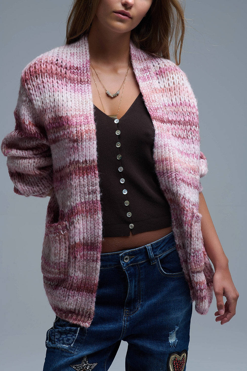 Oversized mottled striped long cardigan with pockets in Pink -