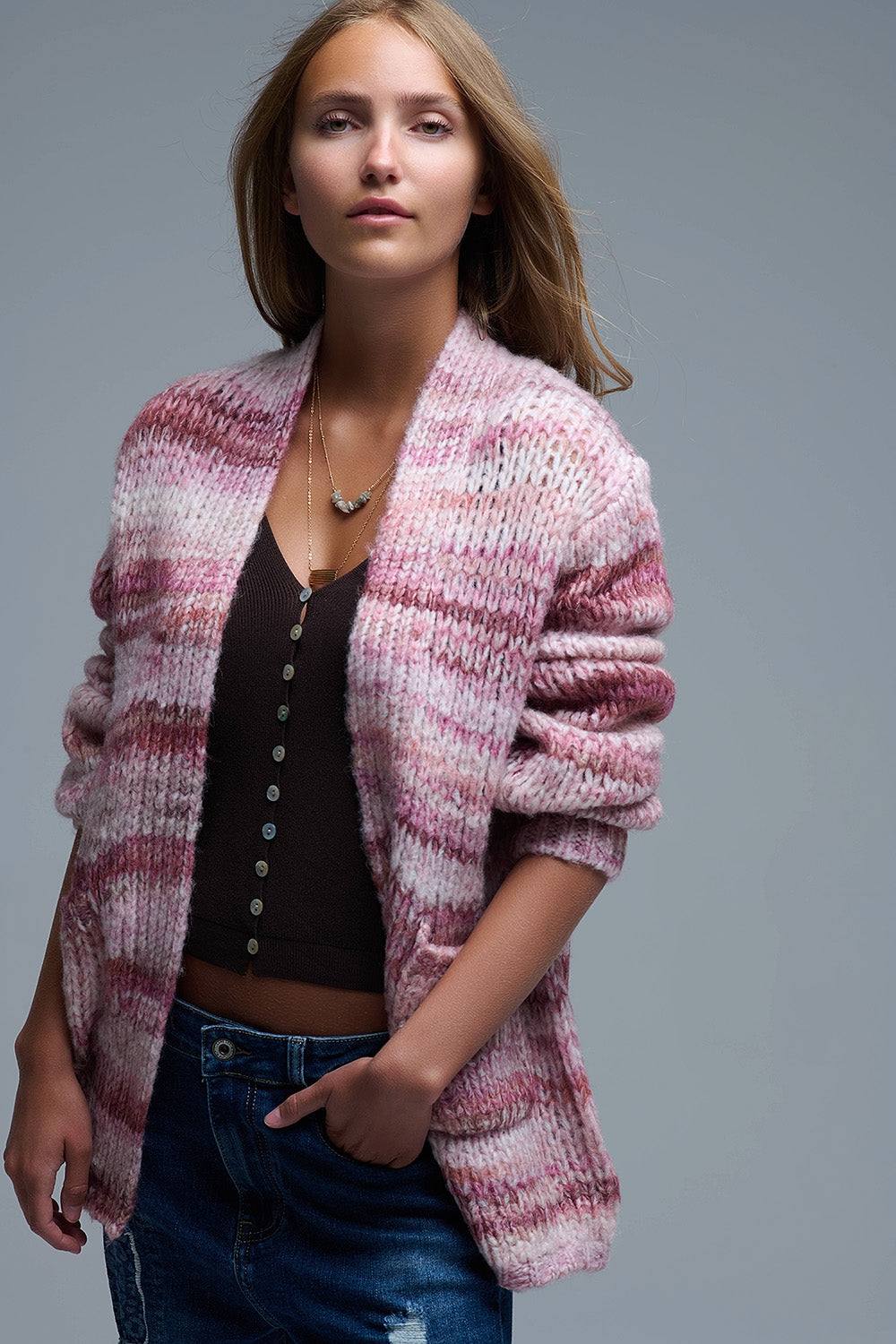 Oversized mottled striped long cardigan with pockets in Pink -