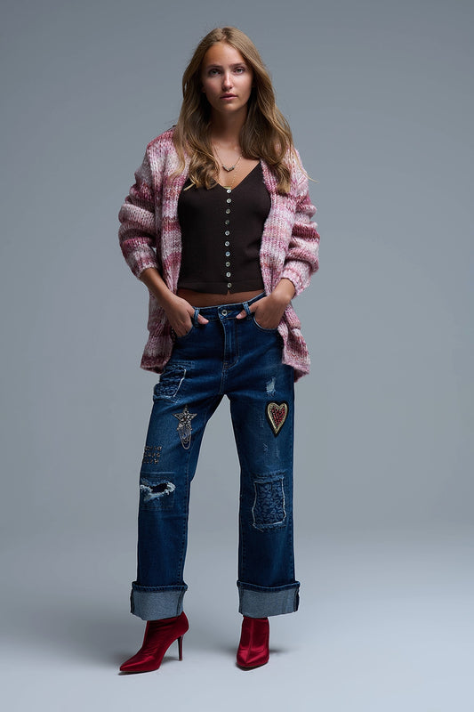 Oversized mottled striped long cardigan with pockets in Pink -