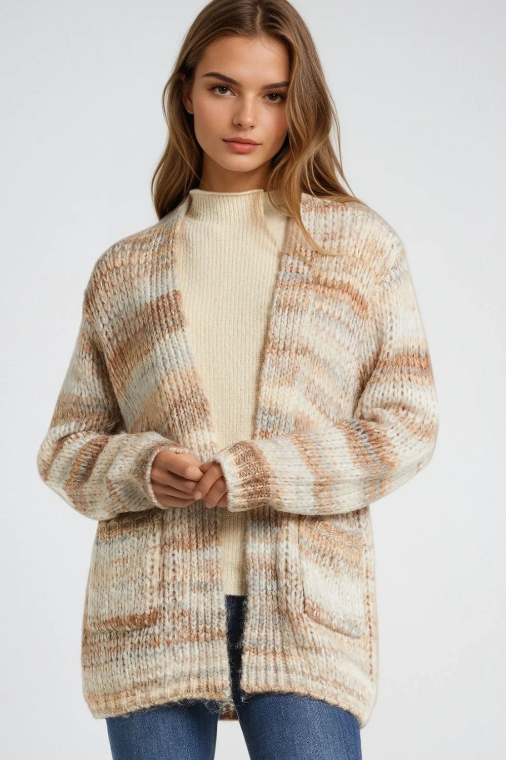 Oversized mottled striped long cardigan with pockets - Cardigans