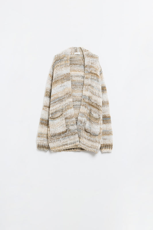 Oversized mottled striped long cardigan with pockets - Cardigans