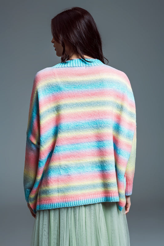 Oversized Multicolor High Necke Sweater With Side Slits - Jumpers