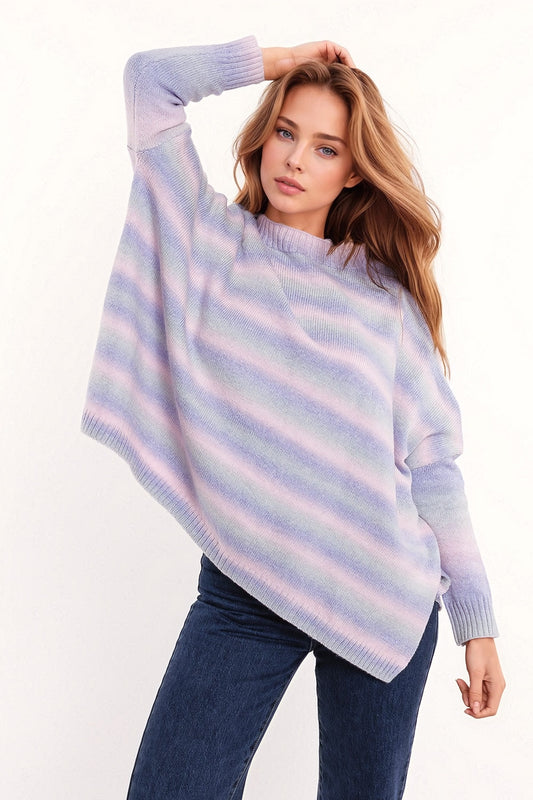 Oversized Multicolor in Shades of Purple High Neck Sweater With Side Slits - Jumpers