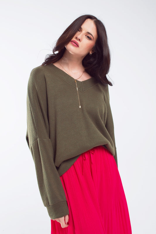 Oversized Olive Green Swearshirt wth V-Neckline - Jumpers