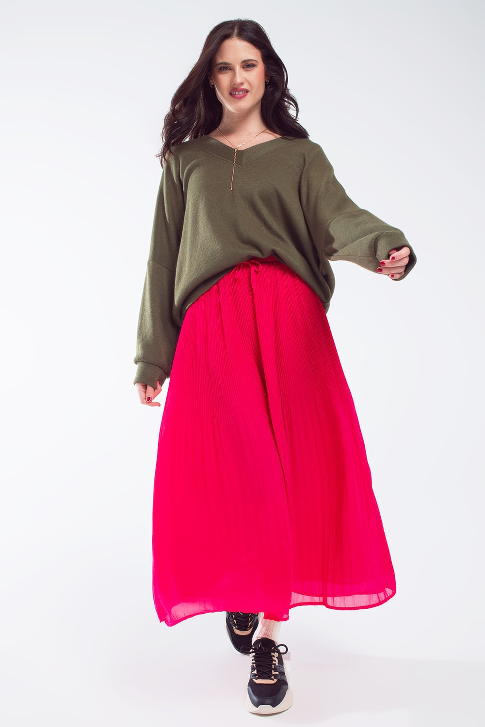 Oversized Olive Green Swearshirt wth V-Neckline - Jumpers